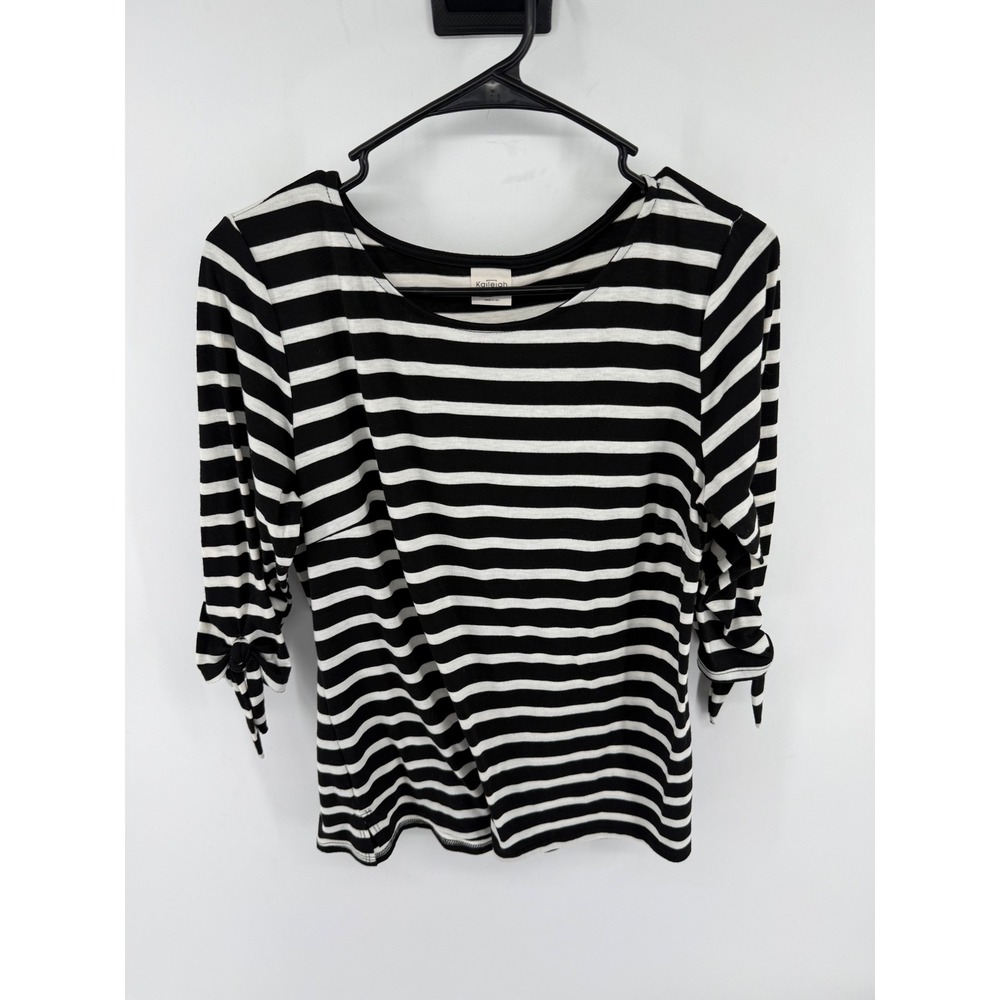 Kaileigh Striped Top Womens Medium Black White Rayon Blend Tie Sleeve Minimalist